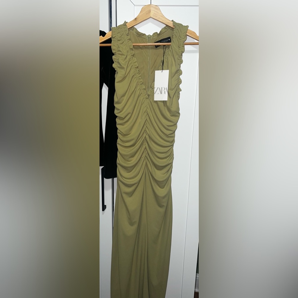 ZARA Green Ruched Maxi Dress